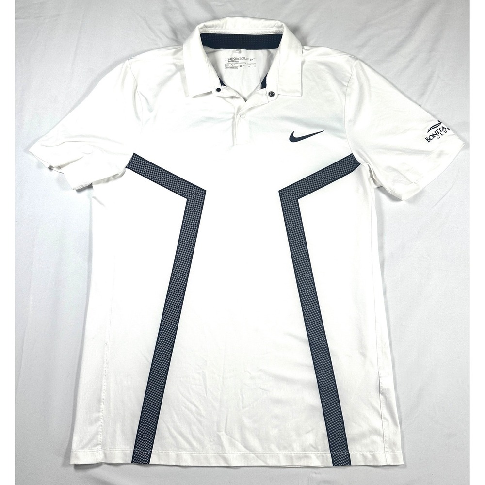 Nike Golf Modern Fit Dri-FIT Polo Shirt Mens Medium White Navy Blue Geometric